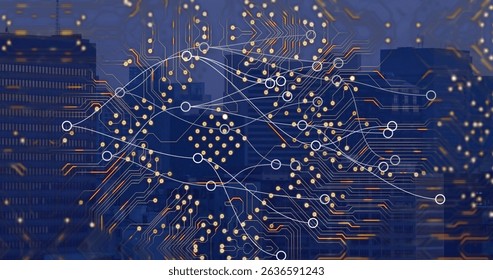 Image of network of connections and computer circuit board over cityscape. Global business, computing and digital interface concept digitally generated image. - Powered by Shutterstock - Get 15% off with code: PIKWIZARD15