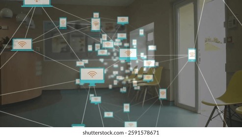 Image of network of connections with computer and smartphone icons, data processing over school. Global education, connections, computing and data processing concept digitally generated image.