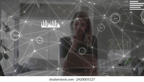 Image of network of connections with data over caucasian businesswoman with tablet. Global networks, business, finances, computing and data processing concept digitally generated image.