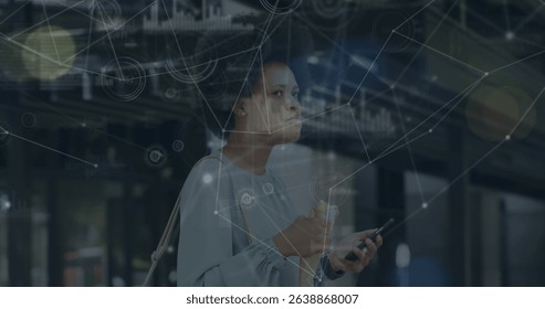 Image of network of connections and data over woman using smartphone. Global connections, networks and data processing concept digitally generated image.