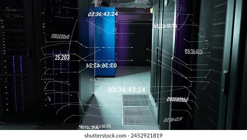 Image of network of connections and data processing against computer server room. Computer interface and business data storage technology concept