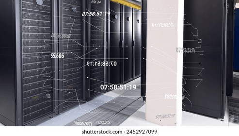 Image of network of connections and data processing against computer server room. Computer interface and business data storage technology concept