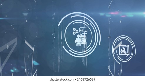 Image of network of connections with data processing with icons. Global connections, networks and data processing concept digitally generated image.