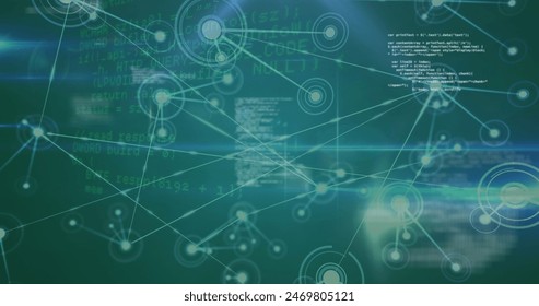 Image of network of connections, data processing and blue light spot on green background. Global networking and business interface technology concept