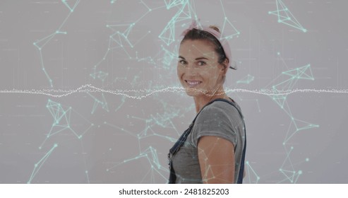 Image of network of connections and data processing over caucasian woman. Global connections digital interface and technology concept digitally generated image.