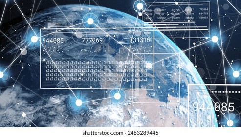 Image of network of connections and data processing over globe on black background. Global connections, computing and digital interface concept digitally generated image.