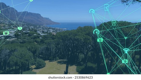 Image of network of connections data processing over landscape. Global business, finances, computing and data processing concept digitally generated image.