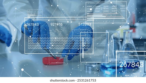 Image of network of connections and data processing over diverse scientists working in lab. Global science, connections and digital interface concept digitally generated image.