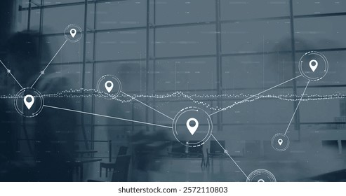 Image of network of connections with data processing over cityscape. Global finance, business, connections, computing and data processing concept digitally generated image.
