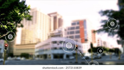 Image of network of connections with data processing over cityscape. Global finance, business, connections, computing and data processing concept digitally generated image.