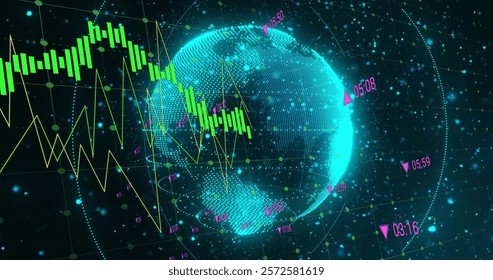 Image of network of connections and data processing over globe on black background. Global connections, technology and digital interface concept digitally generated image.