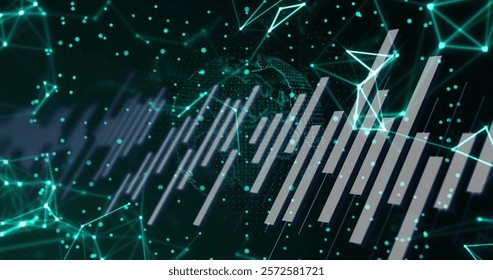 Image of network of connections and data processing over globe on black background. Global connections, technology and digital interface concept digitally generated image.