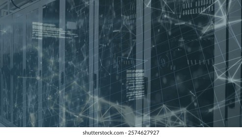 Image of network of connections and data processing over computer servers. Global finance, business, connections, computing and data processing concept digitally generated image.