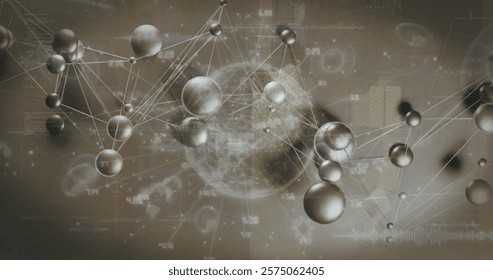Image of network of connections and data processing over grey background. Global connections, computing and data processing concept digitally generated image.