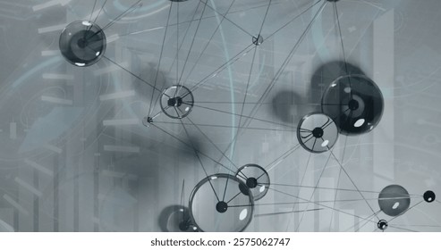 Image of network of connections and data processing over grey background. Global connections, computing and data processing concept digitally generated image.