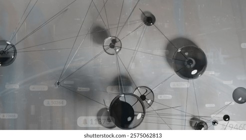 Image of network of connections and data processing over grey background. Global connections, computing and data processing concept digitally generated image.