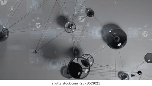 Image of network of connections and data processing over grey background. Global connections, computing and data processing concept digitally generated image.