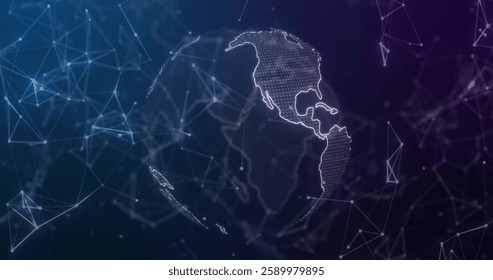Image of network of connections and data processing connections over globe. Global connections, computing and data processing concept digitally generated image.