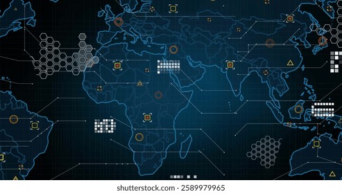 Image of network of connections and data processing connections over world map. Global connections, computing and data processing concept digitally generated image.
