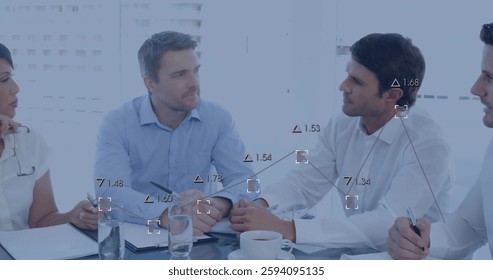 Image of network of connections with data processing over diverse colleagues discussing work. Global business and digital interface concept digitally generated image.