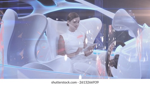 Image of network of connections and data processing over woman in self drive car. global technology, data processing and digital interface concept digitally generated image.