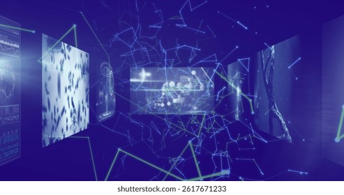 Image of network of connections and data processing over blue background. global connections, data processing and digital interface concept digitally generated image.