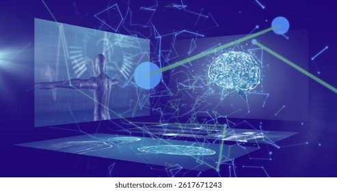 Image of network of connections and data processing over blue background. global connections, data processing and digital interface concept digitally generated image.
