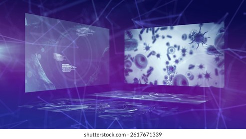 Image of network of connections and data processing over blue background. global connections, data processing and digital interface concept digitally generated image.