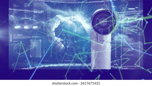 Image of network of connections and data processing over blue background. global connections, data processing and digital interface concept digitally generated image.