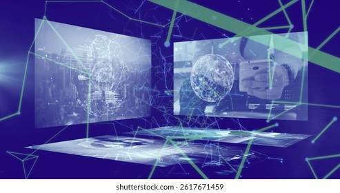 Image of network of connections and data processing over blue background. global connections, data processing and digital interface concept digitally generated image.