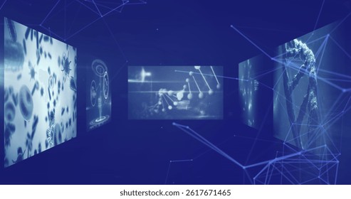 Image of network of connections and data processing over blue background. global connections, data processing and digital interface concept digitally generated image.