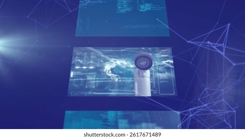 Image of network of connections and data processing over blue background. global connections, data processing and digital interface concept digitally generated image.