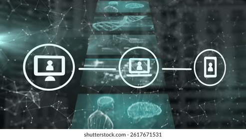 Image of network of connections and data processing over black background. global connections, data processing and digital interface concept digitally generated image.