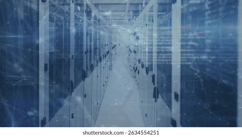 Image of network of connections and data processing over server room. Global network, connections and technology concept digitally generated image.