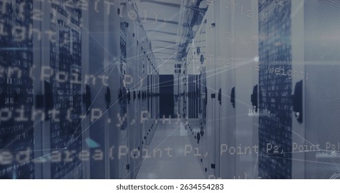 Image of network of connections and data processing over server room. Global network, connections and technology concept digitally generated image.