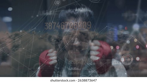Image of network of connections with data processing and cityscape over caucasian woman boxing. Global technology, connections and digital interface concept digitally generated image.