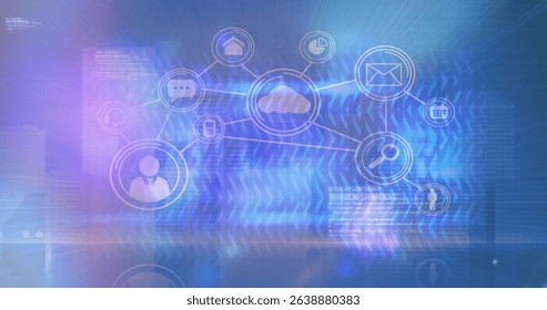 Image of network of connections and data processing on black background. Global technology, online security and digital interface concept digitally generated image.