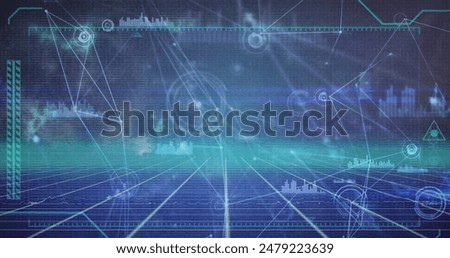 Image of network of connections and data processing over grid network on blue background. Global networking and business interface technology concept