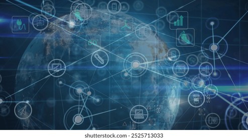 Image of network of connections and digital icons over spinning globe and blue light trails. Global networking and business technology concept - Powered by Shutterstock