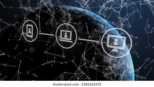 Image of network of connections with digital icons over globe. Global connections, computing and data processing concept digitally generated image.