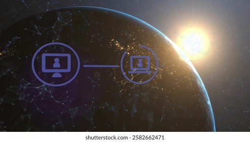 Image of network of connections with digital icons over globe. Global connections, computing and data processing concept digitally generated image.