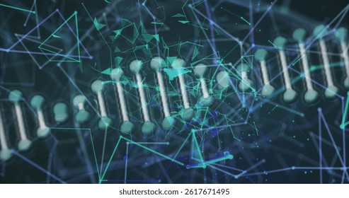 Image of network of connections and dna strand over black background. global connections, data processing and digital interface concept digitally generated image.