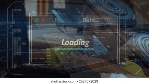 Image of network of connections and glitch in navy space. Global data processing networks connections and digital interface concept digitally generated image.