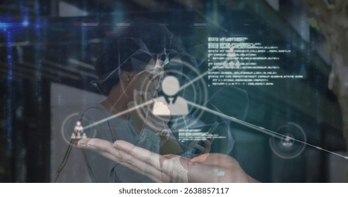 Image of network of connections with globe and data over woman using smartphone. Global connections, networks and data processing concept digitally generated image.