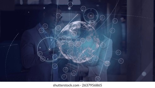 Image of network of connections and globe over two diverse business people. Global connections, data processing and digital interface concept digitally generated image.