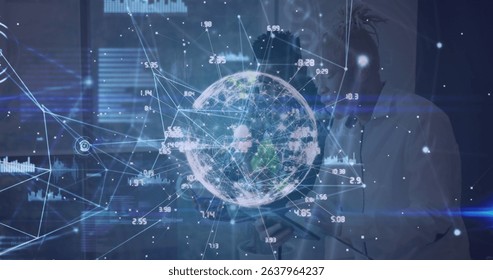 Image of network of connections and globe over two diverse business people. Global connections, data processing and digital interface concept digitally generated image.