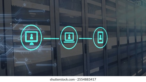 Image of network of connections with icons and computer circuit board over server room. Global technology, computing and digital interface concept digitally generated image.