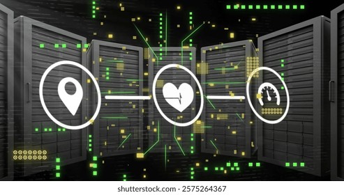 Image of network of connections with icons and computer circuit board over servers. Global technology, computing, connections and digital interface concept digitally generated image.