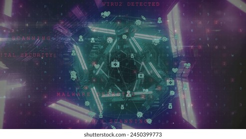 Image of network of connections with icons and data processing over neon tunnel. Global technology, computing and digital interface concept digitally generated image.