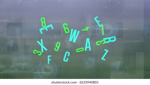 Image of network of connections with icons and data processing over empty office. Global digital interface technology and networking concept digitally generated image.